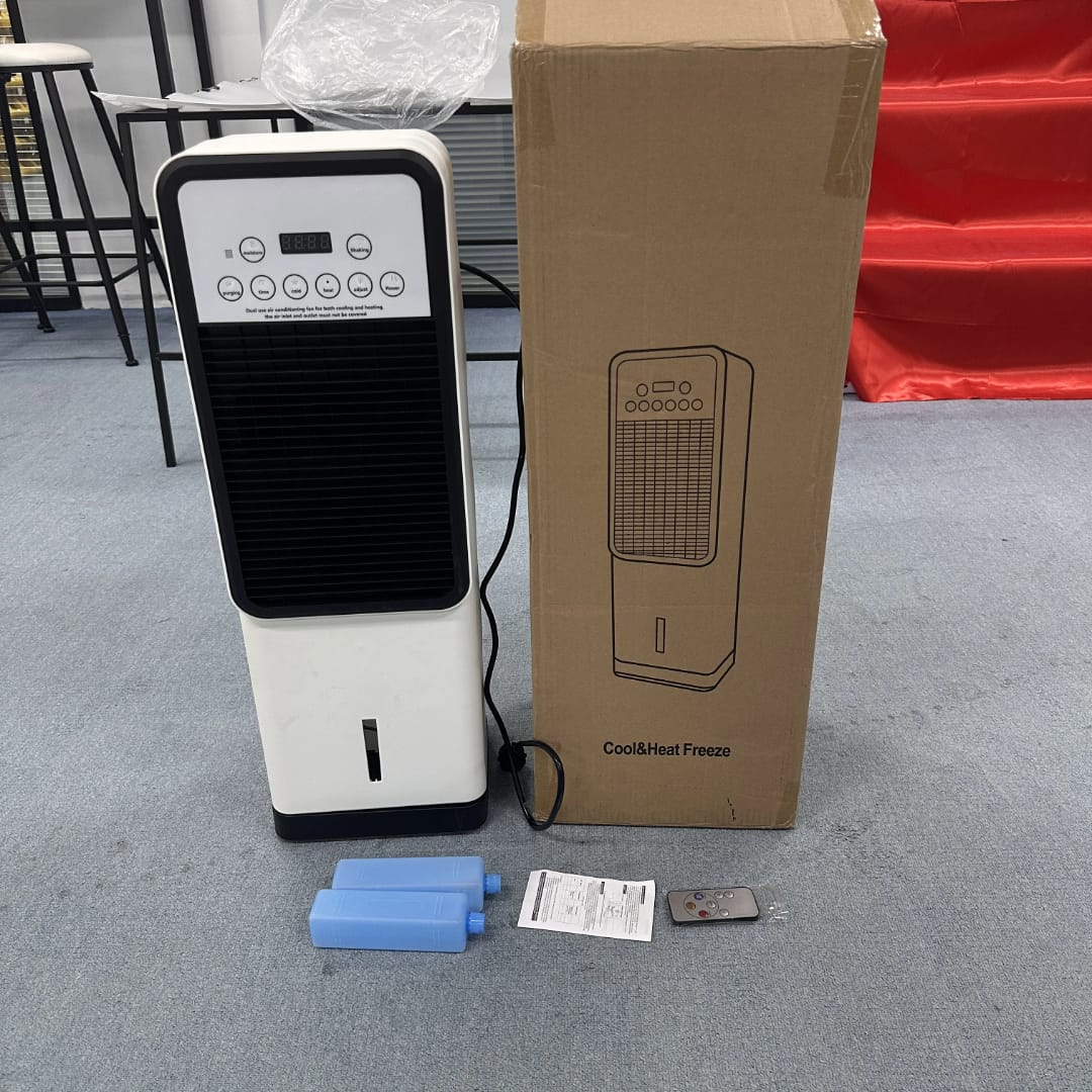 Cold and warm air conditioner fan with its box, remote control, manual and ice packs