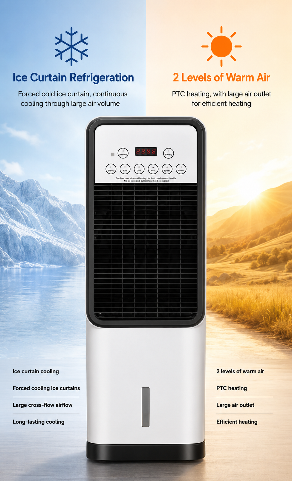 Portable air conditioner fan showing cold-air cooling and two levels of warm air