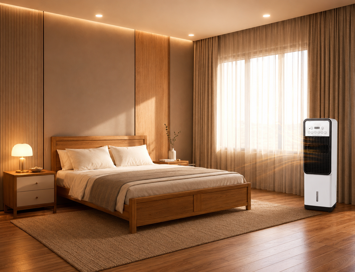 Portable cold and warm air conditioner fan providing warm airflow in a bedroom