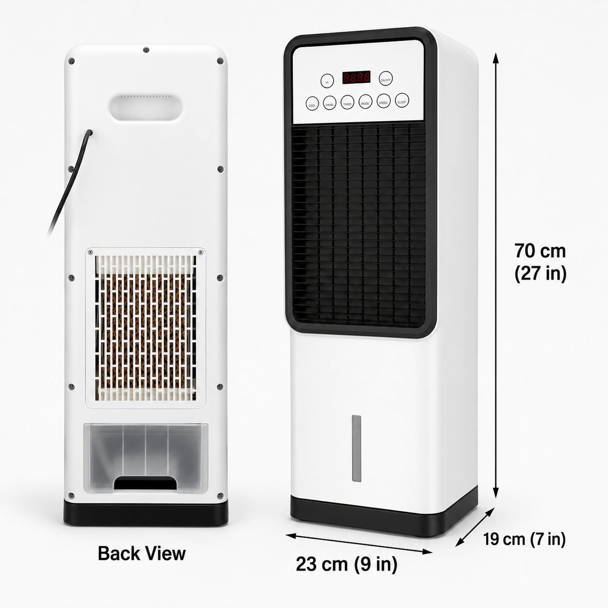 Front and back views showing the portable air conditioner fan dimensions