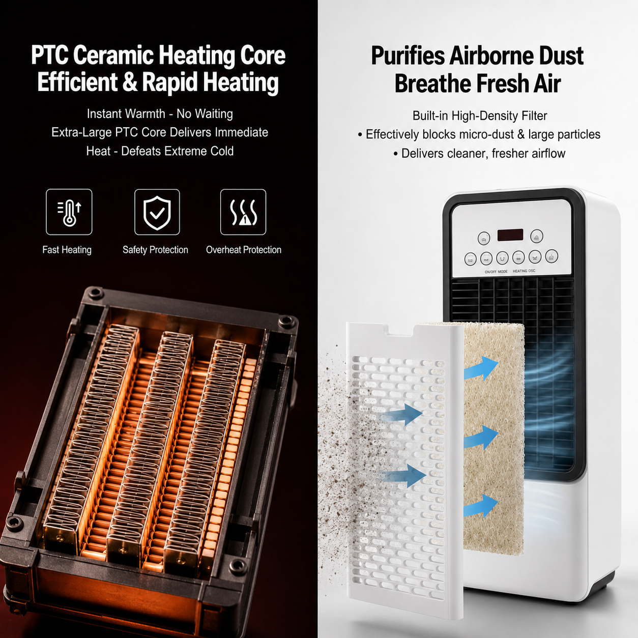 PTC ceramic heating core and built-in air filter of the portable air conditioner fan