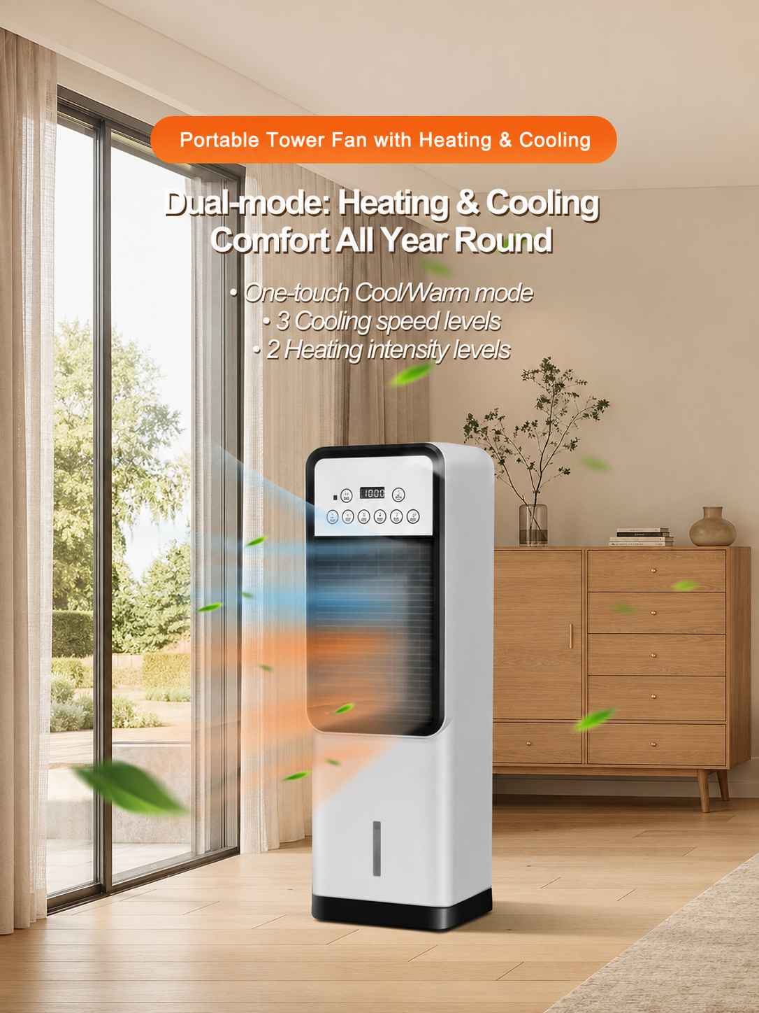 Portable tower fan demonstrating cooling and heating functions in a modern room
